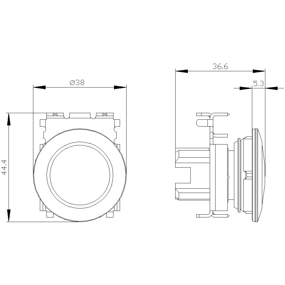 Rysunek techniczny okrągłego przycisku ze szczegółowymi wymiarami: średnica 38 mm, wysokość 44,4 mm, głębokość 36,6 mm, profil przedni 5,3 mm.