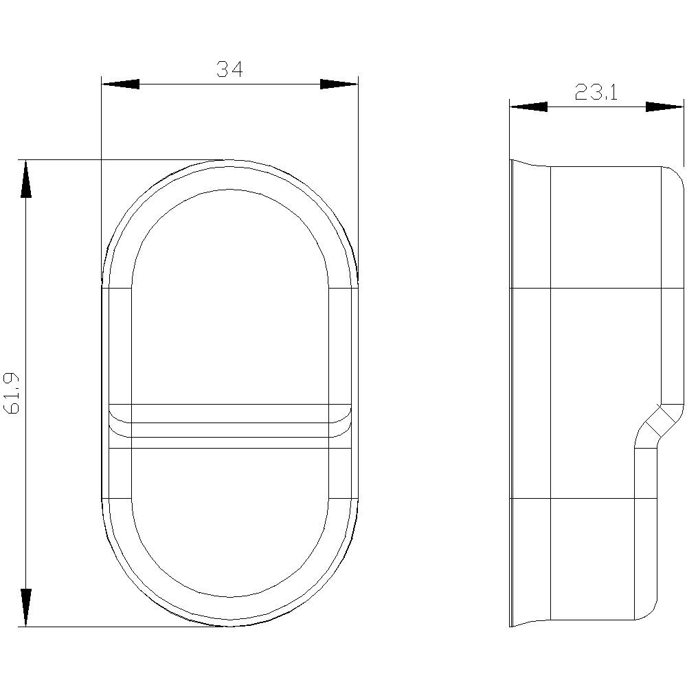 Rysunek techniczny owalnej klamki drzwiowej z wymiarami: wysokość 61,9 mm, szerokość 34 mm, widok z boku o głębokości 23,1 mm.