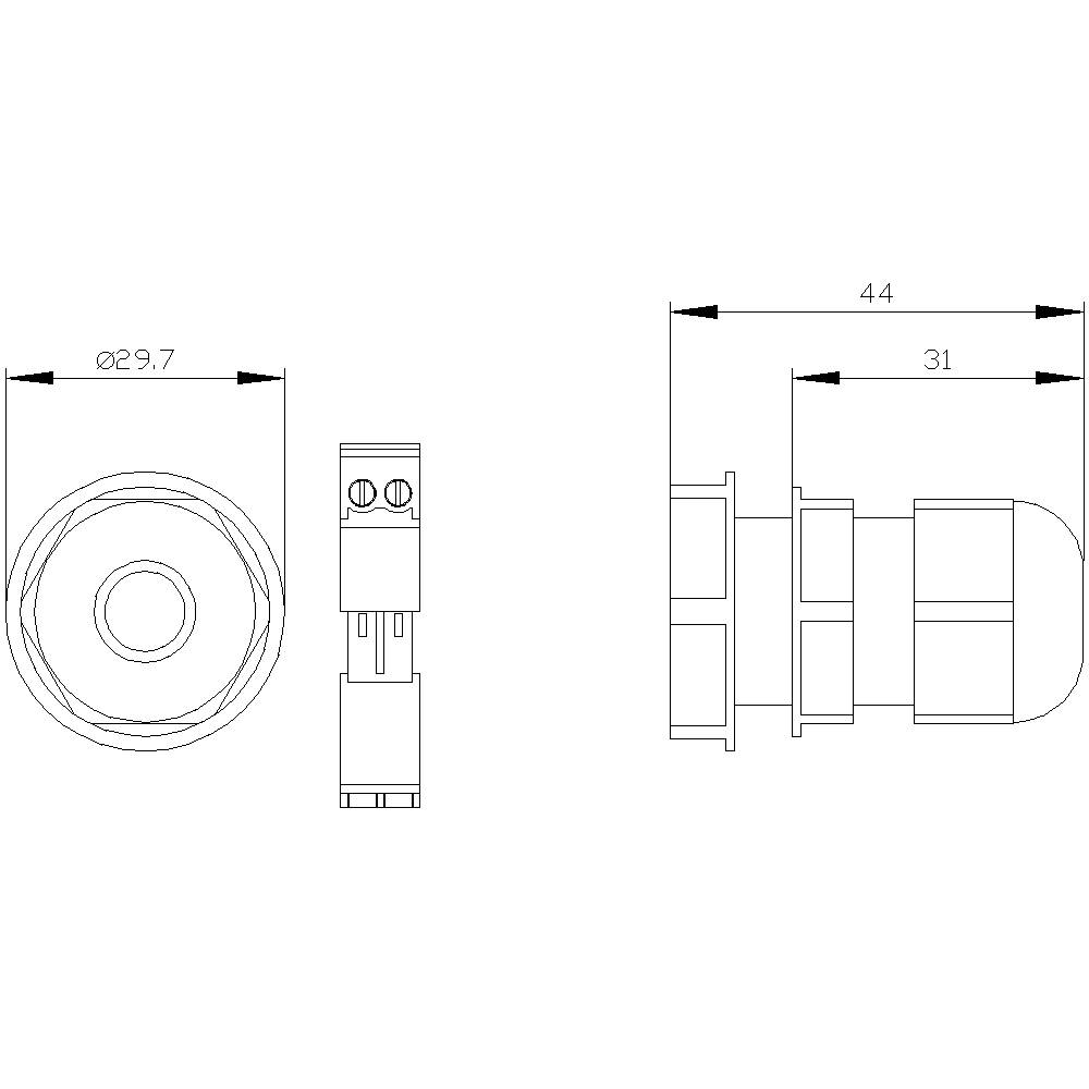 Rysunek techniczny części cylindrycznej z wymiarami: średnica 29,7 mm, długość 31 mm, całkowita szerokość 44 mm, przedstawiony z różnych perspektyw.