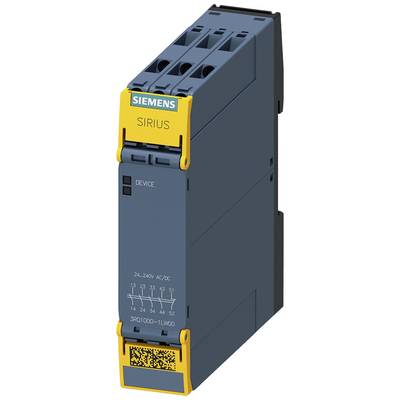 Obraz przedstawia moduł przekaźnikowy Siemens SIRIUS. Jest ciemnoszary z żółtymi akcentami i posiada złącza na górze. Widoczny jest napis 'DEVICE'.