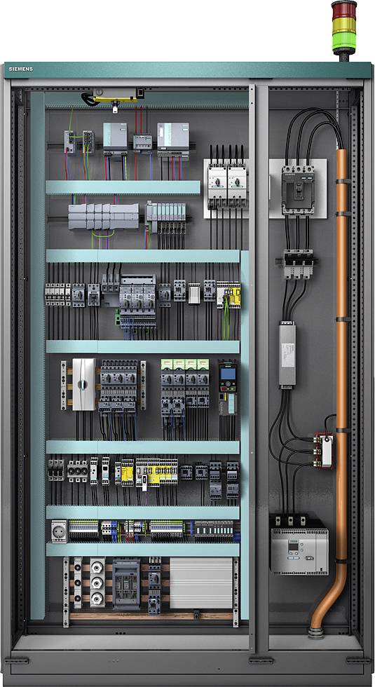 Szafa sterownicza z elementami elektrycznymi i okablowaniem. Widoczne są przełączniki, przekaźniki i urządzenia sterujące z przewodami w różnych kolorach.