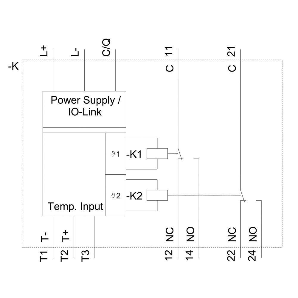 Schemat elektryczny strumienia IO-Link; przedstawia budowę i podłączenia dla 'Zasilania/IO-Link' z dwoma przełącznikami i wejściem temperatury.