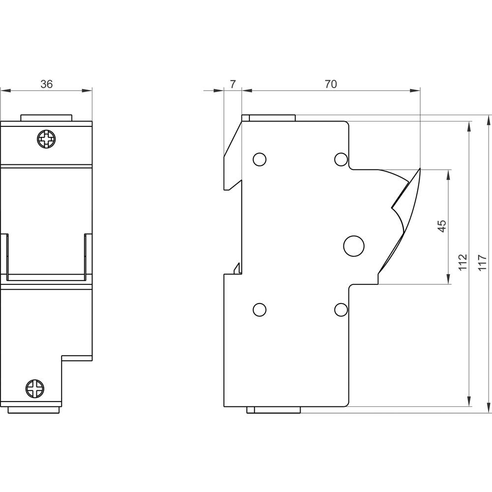 Rysunek techniczny modułu elektrycznego z wymiarami: szerokość 36 mm, długość 70 mm, wysokość 117 mm. Przedstawia widoki boczne z detalami.