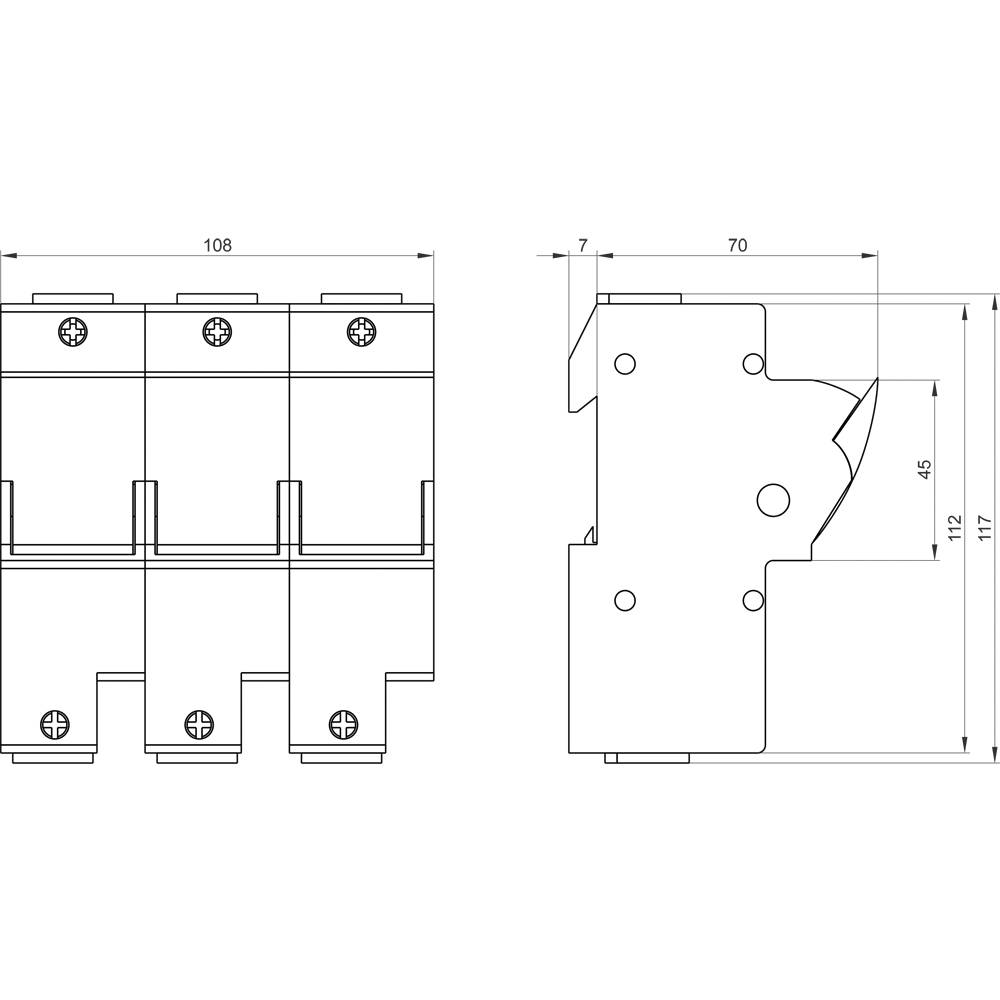 Rysunek techniczny trzybiegunowego wyłącznika mocy z widokiem z przodu i z boku. Wymiary: szerokość 108 mm, głębokość 70 mm, wysokość 117 mm.