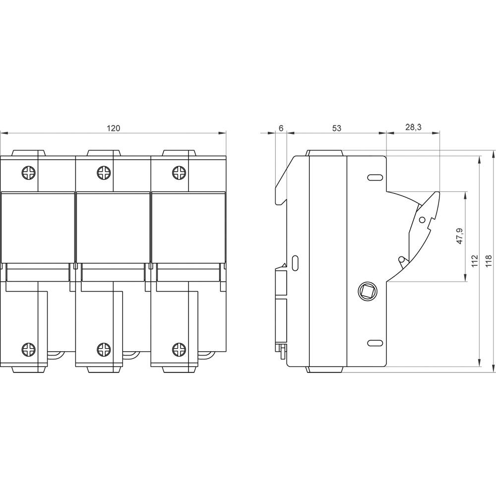 Rysunek techniczny elementu elektrotechnicznego z widokiem z przodu i z boku. Wymiary: 120 x 118 mm, kilka punktów przyłączeniowych.