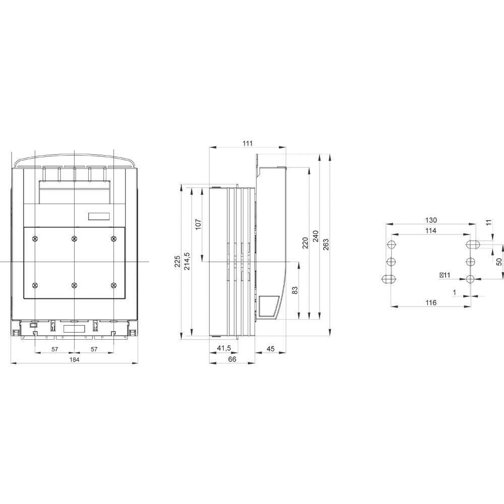 Rysunek techniczny urządzenia z widokiem od przodu i z boku. Wymiary podane są w milimetrach. Widoczne są szczegóły dotyczące złączy i punktów mocowania.