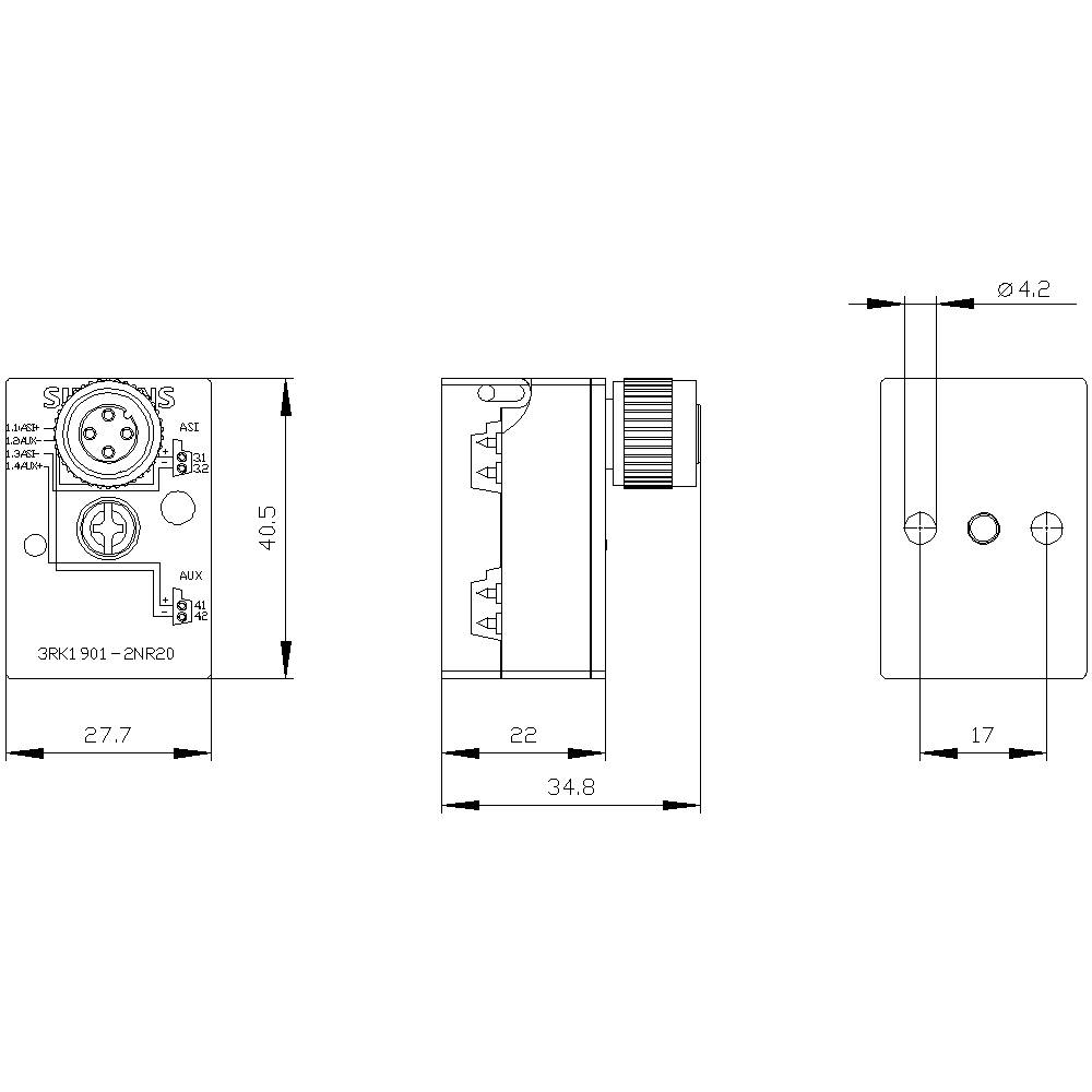 Rysunek techniczny elektrycznego przełącznika ze szczegółowymi wymiarami: 40,5 mm wysokości, 27,7 mm szerokości i 34,8 mm głębokości.