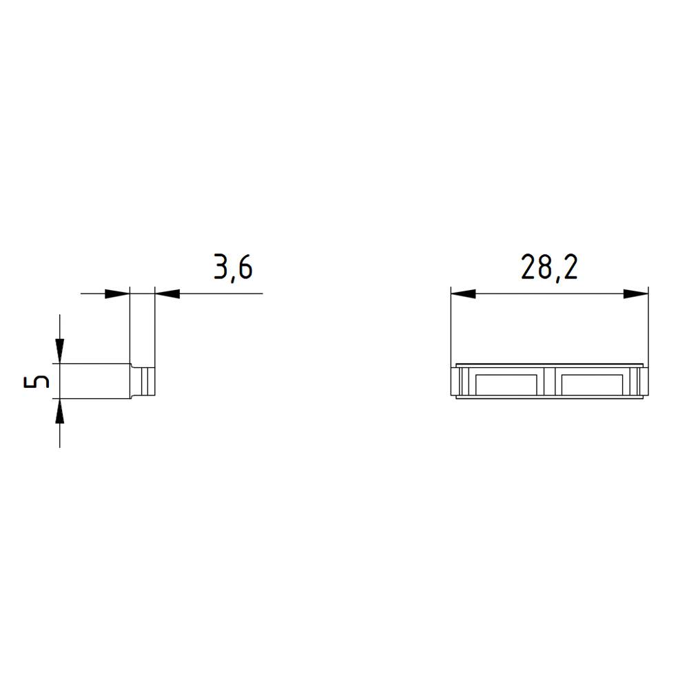 Rysunek techniczny z wymiarami: Po lewej stronie wysokość 5 mm, szerokość 3,6 mm; Po prawej stronie szerokość 28,2 mm.