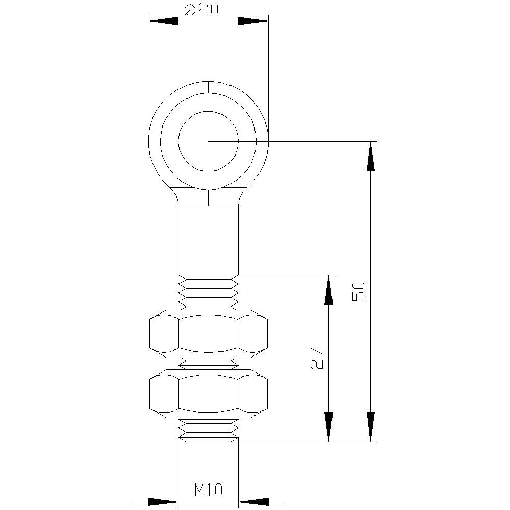 Rysunek techniczny haka śrubowego do oczu. Średnica górna 20 mm, długość 50 mm, wysokość nakrętki 27 mm, gwint M10.