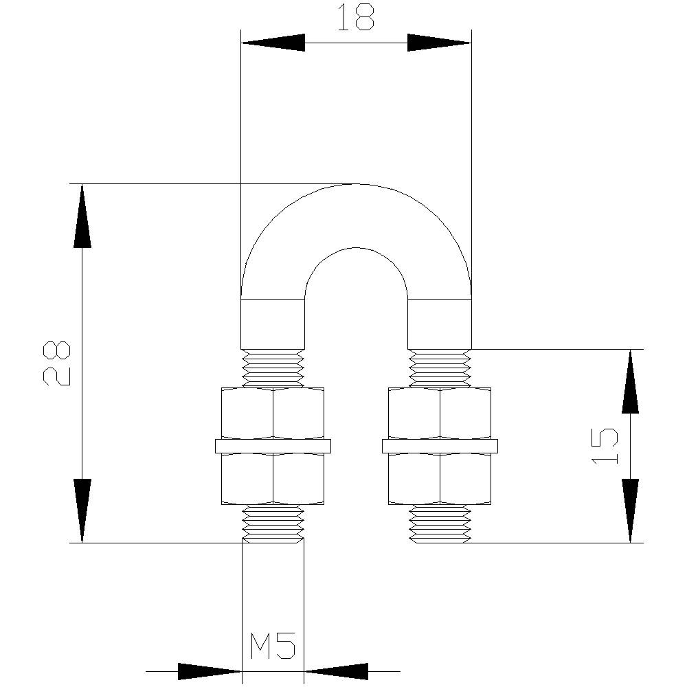 Rysunek techniczny bolca w kształcie litery U z gwintem, wymiary: szerokość 18 mm, wysokość całkowita 28 mm, wysokość gwintu 15 mm, gwint M5.