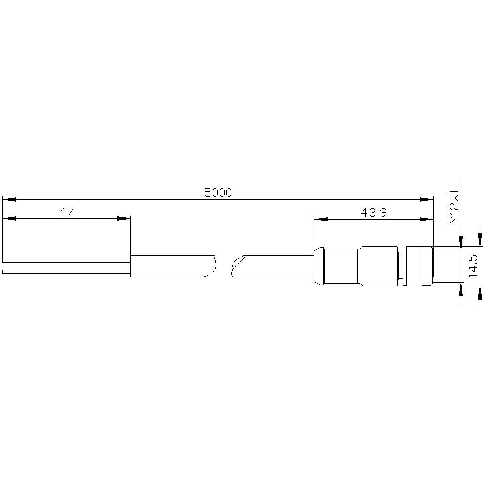 Rysunek techniczny sworznia cylindrycznego z wymiarami: długość całkowita 5000 mm, średnica M12x1, długość końcówki 47 mm, 43,9 mm.