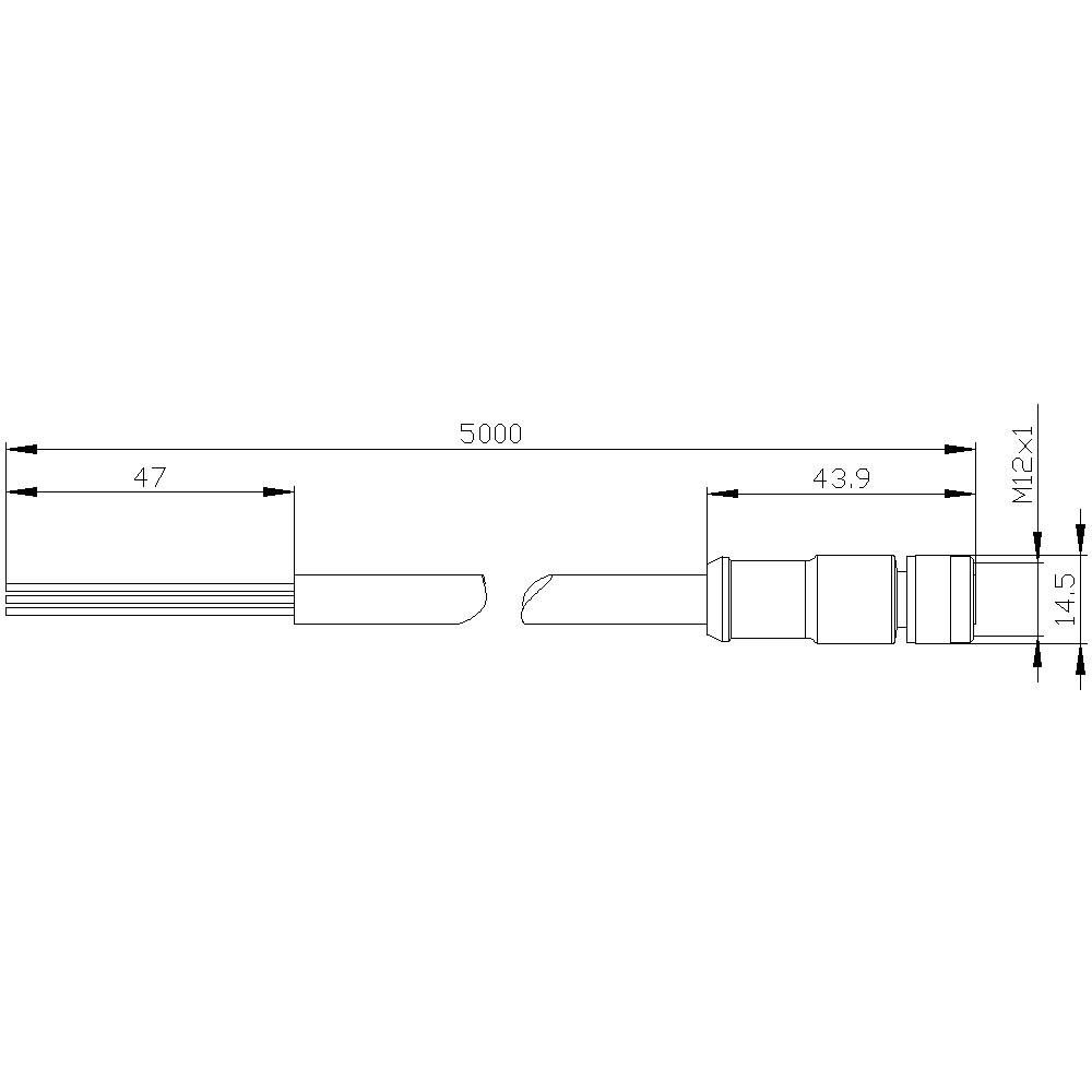Rysunek techniczny wtyczki kablowej z wymiarami: długość całkowita 5000, wtyczka 47, złącze 43,9, średnica M12x1 i 14,5.