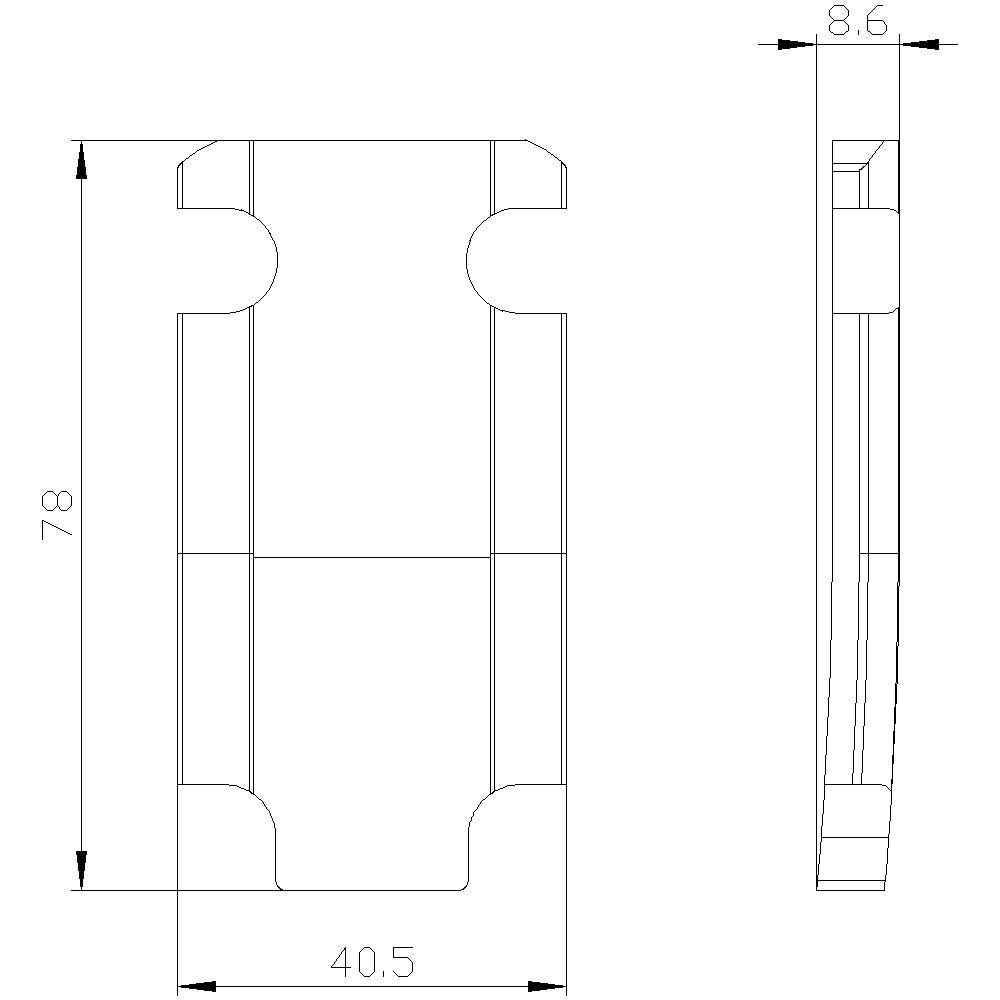 Rysunek techniczny prostokątnej części z bocznymi wycięciami. Wymiary: 78 x 40,5 x 8,6 mm. Widok z góry i widok z boku.
