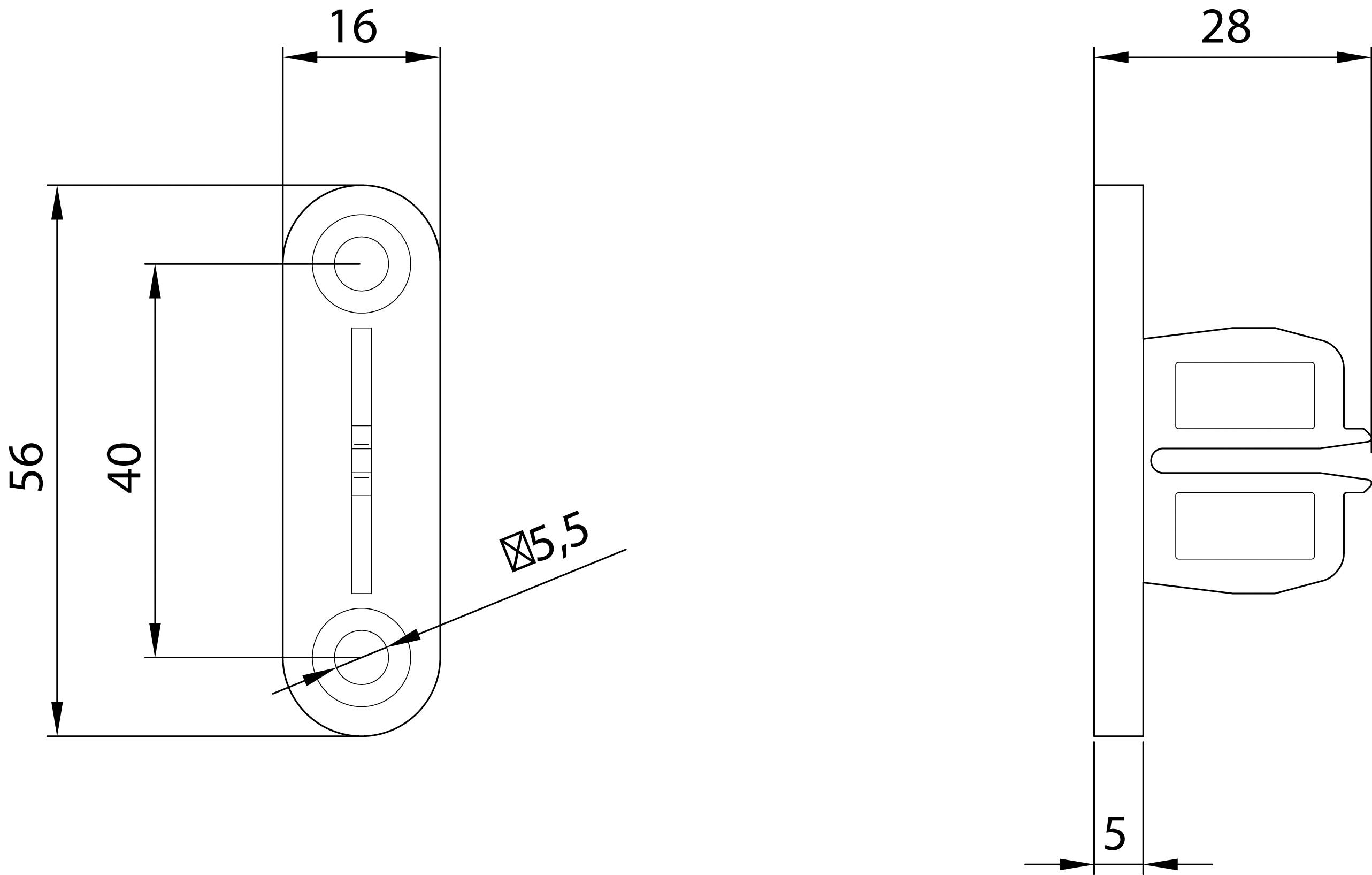 Rysunek techniczny prostokątnego okucia metalowego z wymiarami: długość 56 mm, szerokość 28 mm, średnica otworu 5,5 mm.