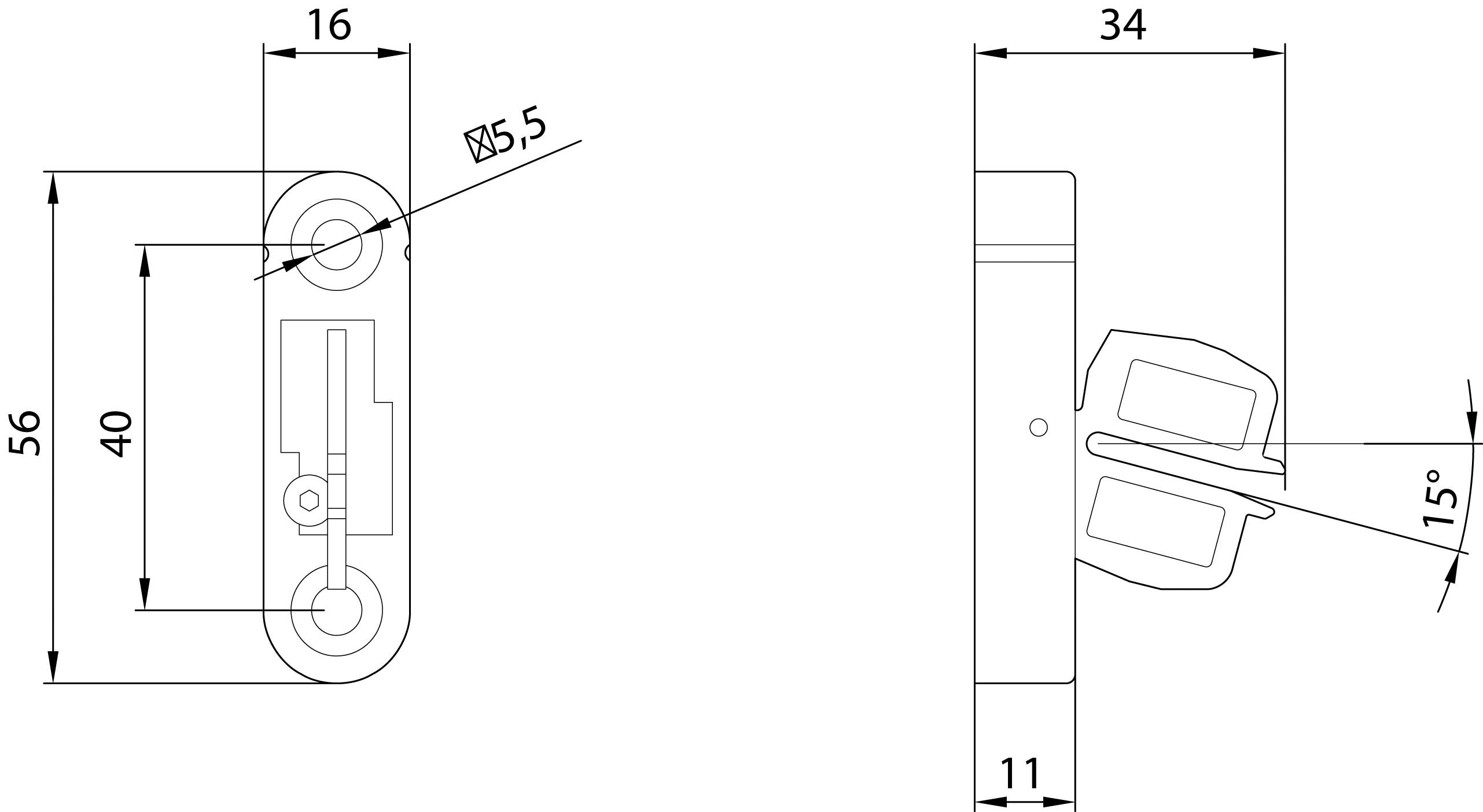 Rysunek techniczny okucia metalowego o wymiarach: 56x11 mm, z otworami montażowymi, długością 34 mm i kątem 15° po prawej stronie.