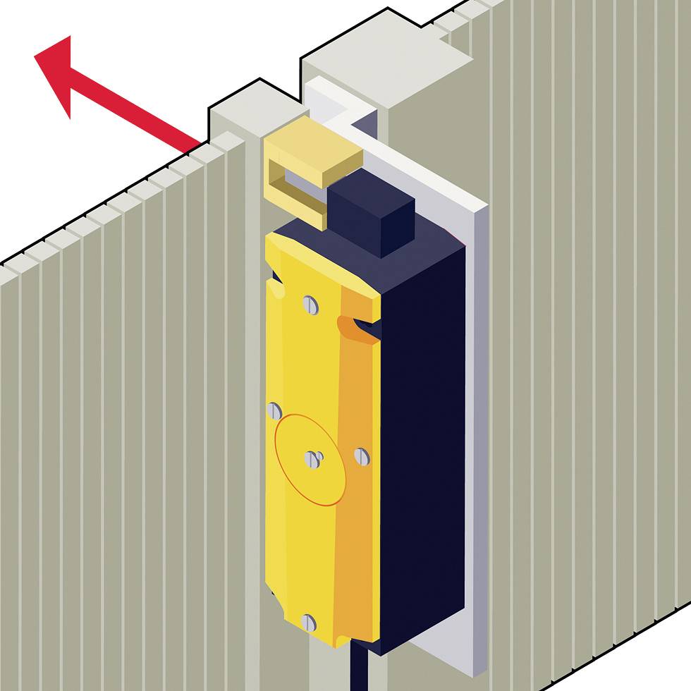 Czujnik w żółtej obudowie zamontowany na ścianie; czerwona strzałka skierowana w górę, symbolizuje rozpoznanie kierunku lub wyzwolenie alarmu.
