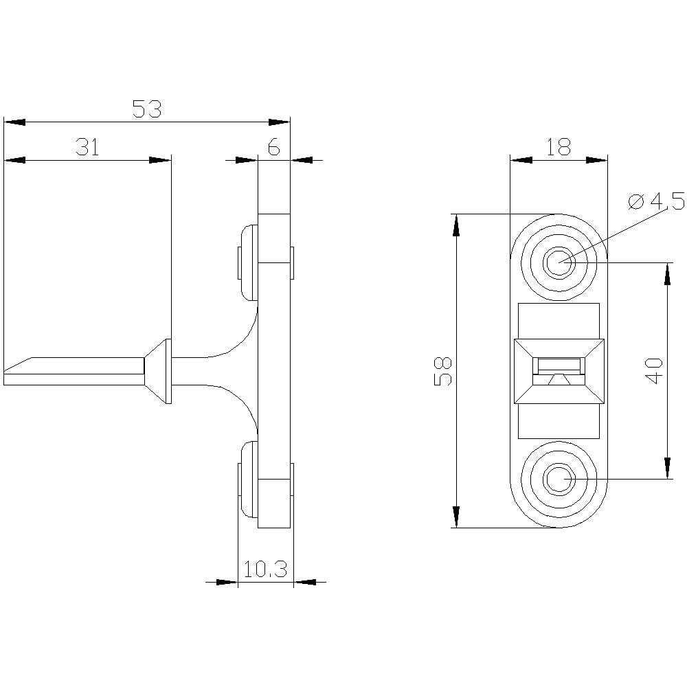 Rysunek techniczny zasuwy drzwiowej z wymiarami: długość 53 mm, wysokość 58 mm, grubość 6 mm; otwory na śruby o średnicy 4,5 mm.