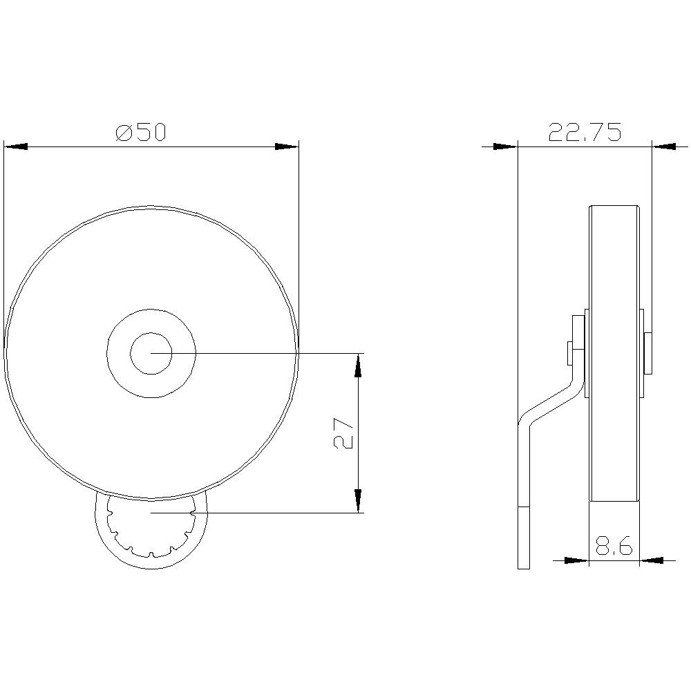 Rysunek techniczny części cylindrycznej o następujących wymiarach: średnica 50 mm, wysokość 22,75 mm, szerokość 8,6 mm.