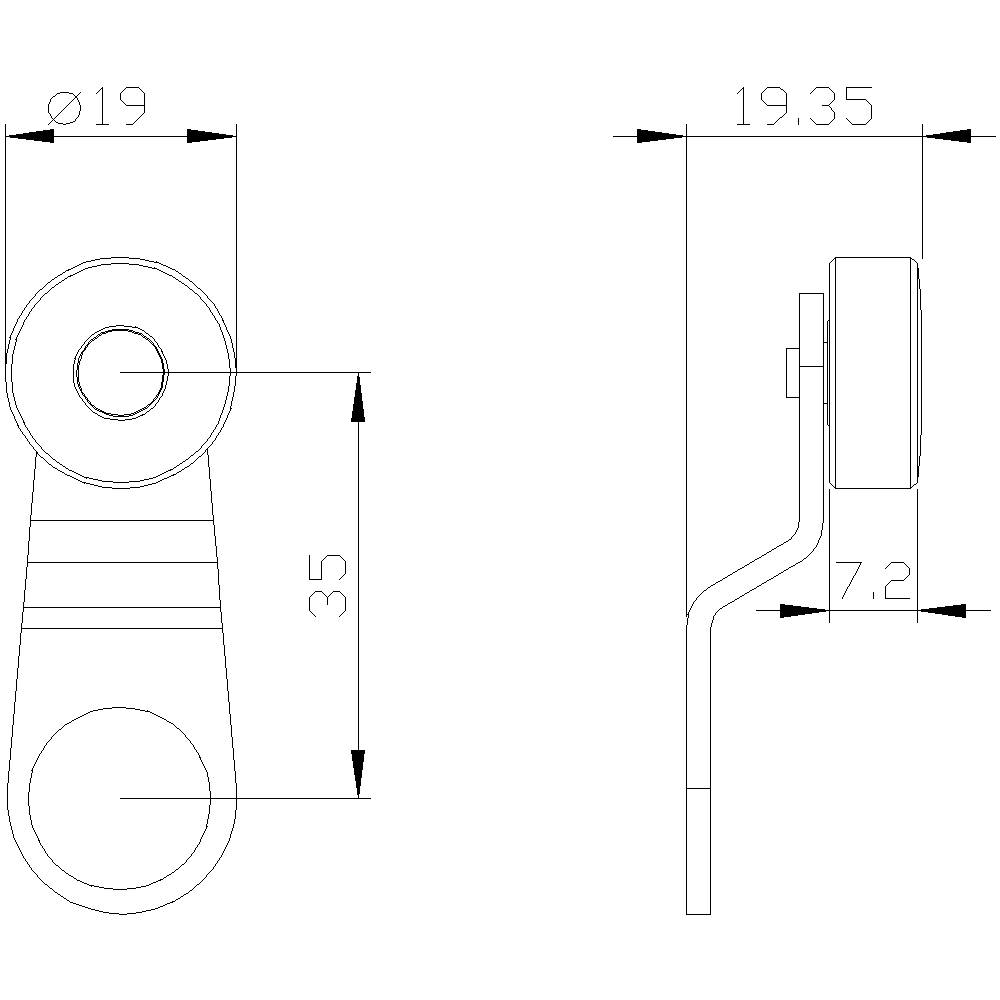 Rysunek techniczny części z widokiem bocznym i czołowym. Podane wymiary: średnica 19 mm, wysokość 35 mm, grubość 7,2 mm.