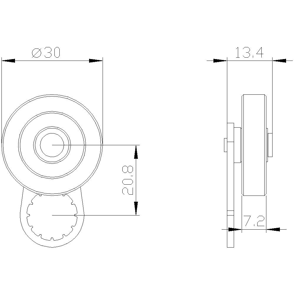 Rysunek techniczny elementu okrągłego o średnicy 30 mm, wysokości 13,4 mm. Widok z boku przedstawia głębokość 7,2 mm.