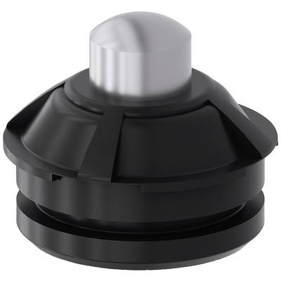 Czarny plastikowy guzik z zaokrąglonym, srebrnym wierzchołkiem, prawdopodobnie pokrętło do urządzeń elektronicznych lub maszyn.