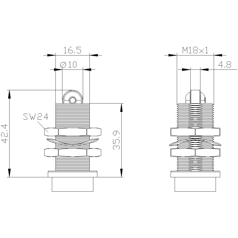 Rysunek techniczny czujnika M18x1 z wymiarami: wysokość całkowita 42,4 mm, długość gwintu 35,9 mm, szerokość klucza SW24, średnica otworu 10 mm.
