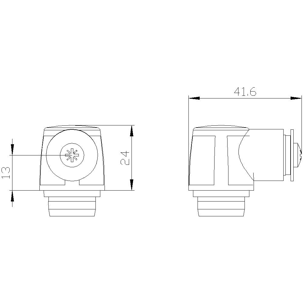 Rysunek techniczny zaworu z wymiarami: wysokość 24 mm, szerokość 13 mm, całkowita długość 41,6 mm. Widok z przodu i z boku.