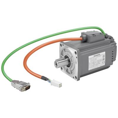 Elektryczny silnik Siemensa z tabliczką znamionową, pomarańczowym i zielonym przewodem, odpowiedni do zastosowań przemysłowych i sterowania.