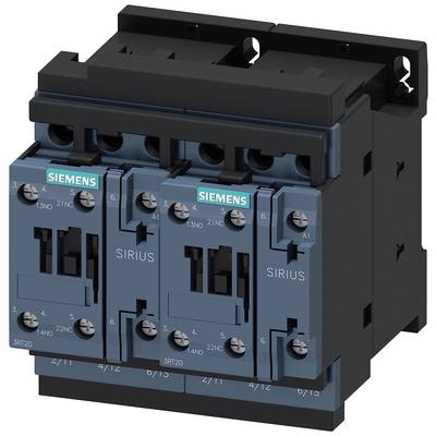 Podwójny przekaźnik Siemensa do obwodów elektrycznych, seria Sirius, przedstawiający dwa moduły ułożone równolegle z niebieskimi panelami czołowymi.