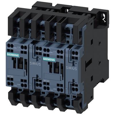 Trzy czarne kontaktory Siemens Sirius 3-biegunowe, model 3RT20, z niebieskimi etykietami, możliwe do łączenia w stos i przeznaczone do zastosowań elektrycznych.