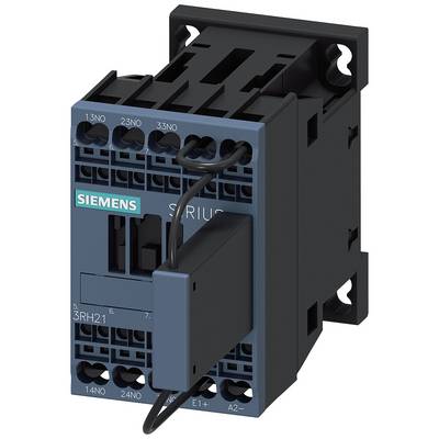 Czarne i niebieskie elektyczne przekaźniki Siemensa z przewodami podłączonymi do górnych zacisków.