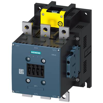 Niebieskie urządzenie elektryczne (schütz) z logo Siemensa i żółtym znakiem TÜV. Widoczne istniejące przyłącza i oznaczenie produktu.