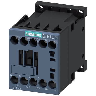Czarny stycznik Siemens SIRIUS z niebieskim przodem, model 3RT20, prezentuje złącza i szczegóły techniczne przeznaczone do zastosowań przemysłowych.