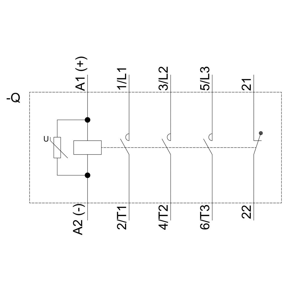 Schemat elektryczny przekaźnika z zaciskami A1, A2 oraz wieloma punktami stykowymi (1/L1, 3/L2, 5/L3, 2/T1, 4/T2, 6/T3).