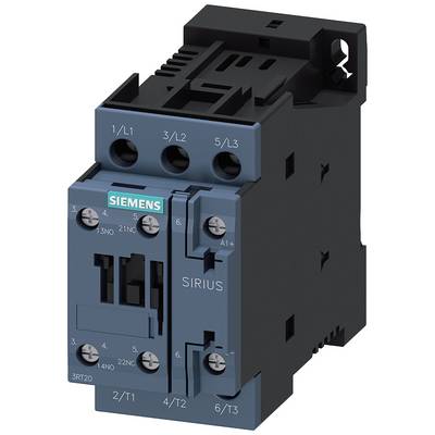 Elektryczny przekaźnik firmy Siemens z serii 'SIRIUS' w kolorze szarym. Element przedstawia przyłącza i specyfikacje techniczne.