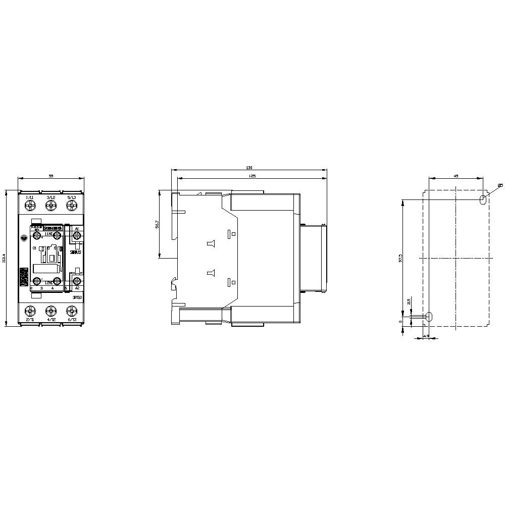 Rysunek techniczny elementu elektrycznego z wieloma widokami i wymiarami w milimetrach.