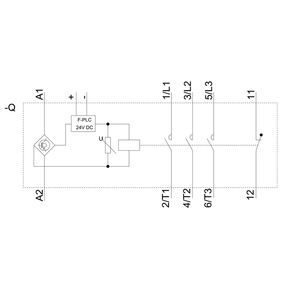 Schemat połączeń F-PLC z zasilaniem 24V DC, zaciski przyłączeniowe A1, A2, 1L1, 5L3, 2/T1, 6/T2, 11, 12, przedstawiający połączenia i przełączniki.