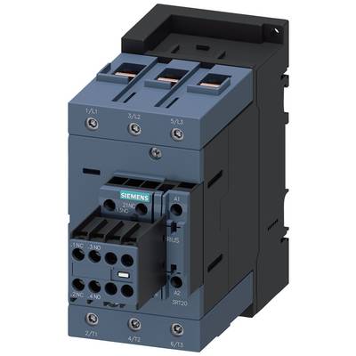 Elektryczny łącznik mocy firmy Siemens, model 3RT20, z zaciskami i elementami montażowymi, przeznaczony do sterowania wysokimi obciążeniami prądowymi.