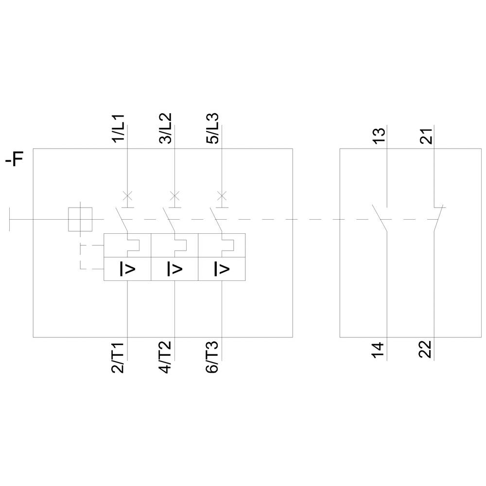 Schemat elektryczny systemu z trzema bezpiecznikami (1L1, 3L2, 5L3) oraz dodatkowym połączeniem po prawej stronie rysunku (13, 14, 21, 22).