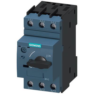 Trójbiegunowy wyłącznik silnikowy firmy Siemens, model 3RV2, z uchwytem sterującym z przodu, przeznaczony do ochrony silników elektrycznych.