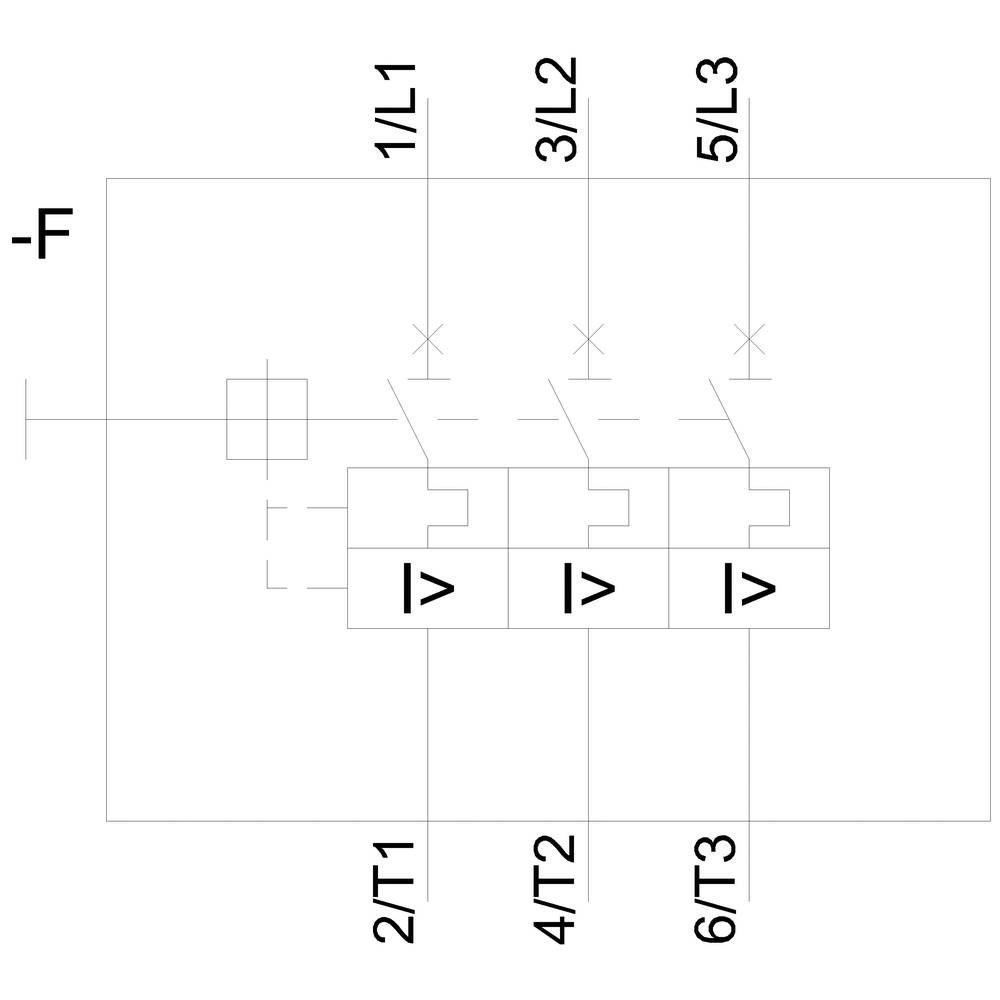 Schematyczny rysunek wyłącznika trójfazowego, opisany numerami 1/L1, 3/L2, 5/L3, 2/T1, 4/T2, 6/T3.