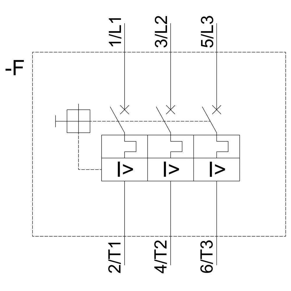 Schemat połączeń transformatora trzystopniowego z oznaczonymi zaciskami: 1/L1, 3/L2, 5/L3 oraz 2/T1, 4/T2, 6/T3.