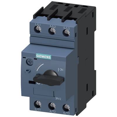 Niebieski wyłącznik silnikowy firmy Siemens z pokrętłem do sterowania obwodami elektrycznymi, oznaczenie modelu '3RV2'.