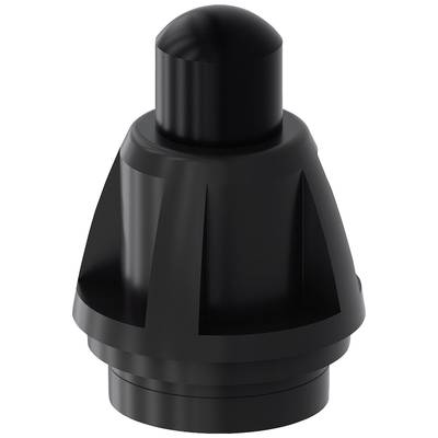 Czarny, cylindryczny plastikowy dekiel, o stożkowatym kształcie, z rowkowanym wzorem dla łatwego chwytania.