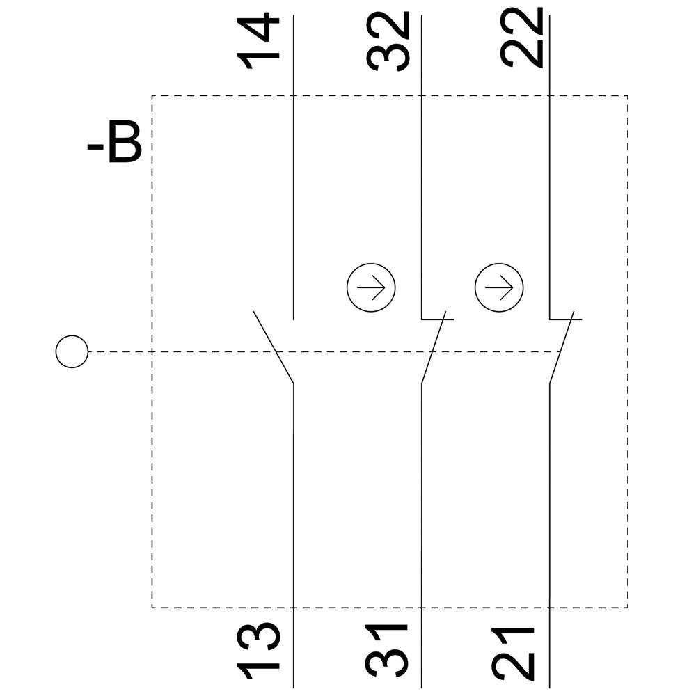 Schemat przedstawia układ elektryczny z dwoma symbolami strzałek między numerami 14, 13, 31, 32, 21, 22 oraz symbolem '-B'.