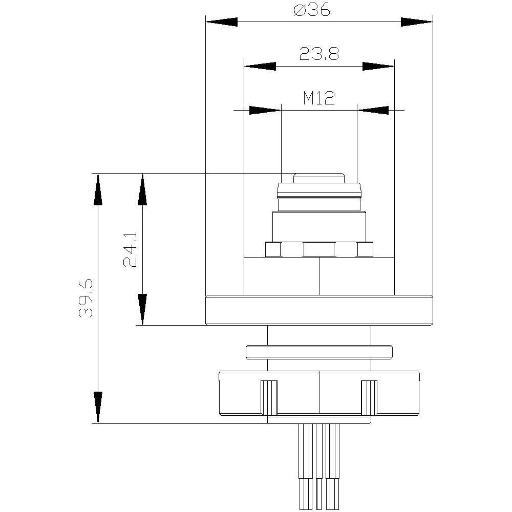 Rysunek techniczny części cylindrycznej z wymiarami: średnica 36 mm, wysokość 39,6 mm, gwint M12, szerokość 23,8 mm.