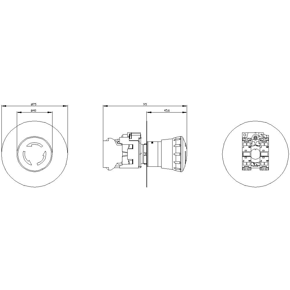 Rysunek techniczny pokrętła z wymiarami. Przedstawiono widok czołowy, boczny i tylny, wymiary w milimetrach.