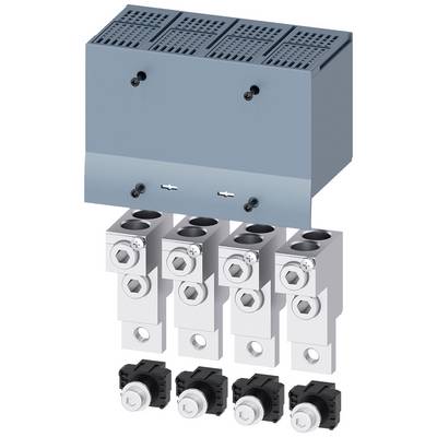 Komponenty elektroniczne dla przemysłu z metalowymi złączami i czarnymi mocowaniami, rozmieszczone przed szarym prostokątnym urządzeniem.