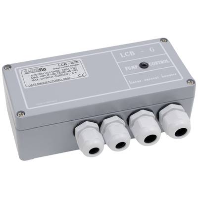 Obudowa z czterema dławnicami kablowymi, oznaczona napisem 'Pump Control LCB-G', prezentuje specyfikacje techniczne dotyczące napięcia i natężenia prądu.