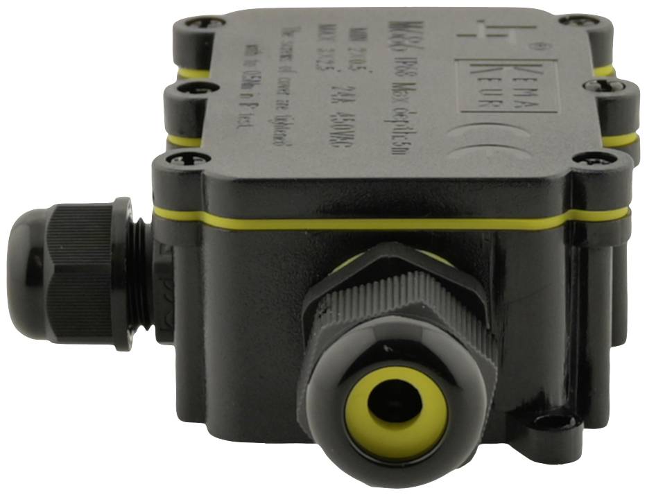 Czarny, prostokątny elektryczny rozdzielacz z żółtymi akcentami i dławnicą kablową z boku.